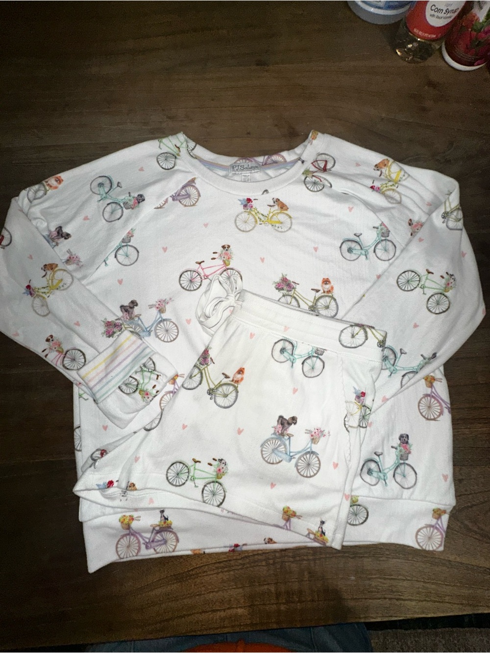 PJ SALVAGE 2 piece set pajamas Dogs on Bicycles Cream with pastel prints